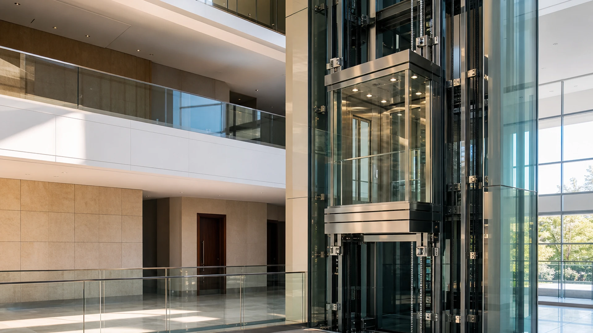 Modern glass passenger lift in a premium building atrium