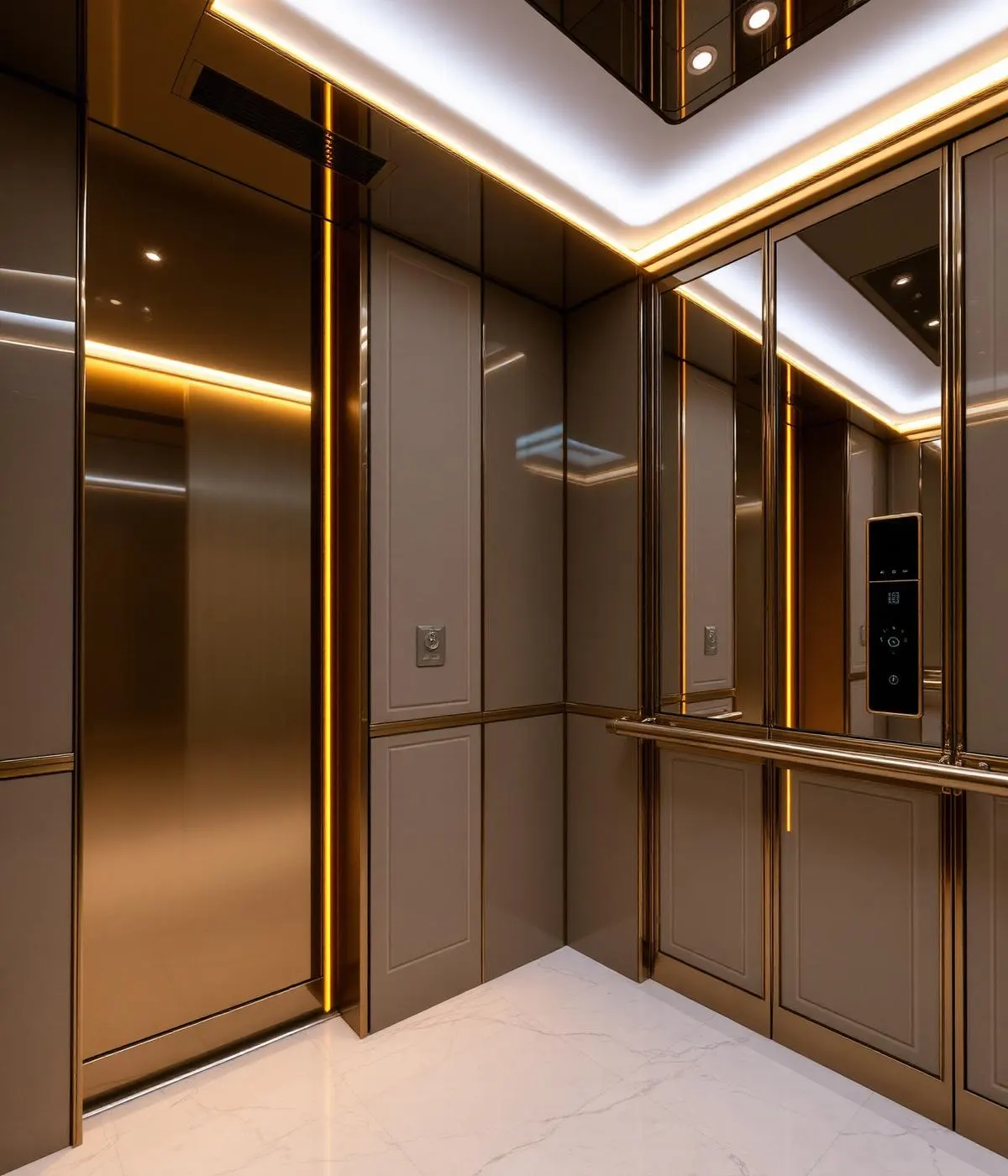 Stainless steel passenger lift cabin with mirrored walls and handrail